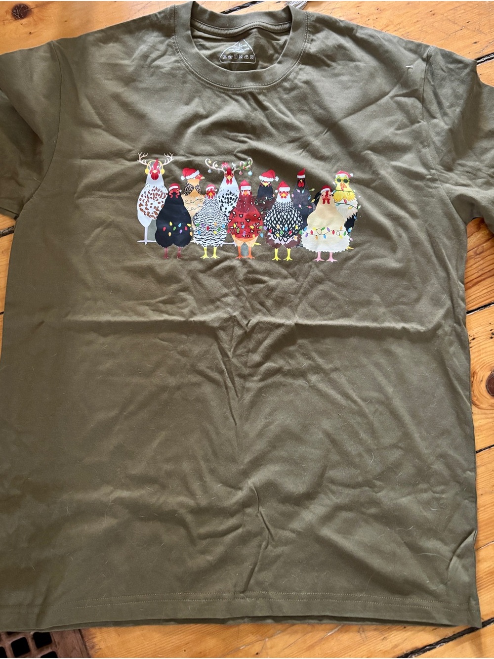 Women’s Olive Green Short Sleeve Tee with Holiday Chicken Print